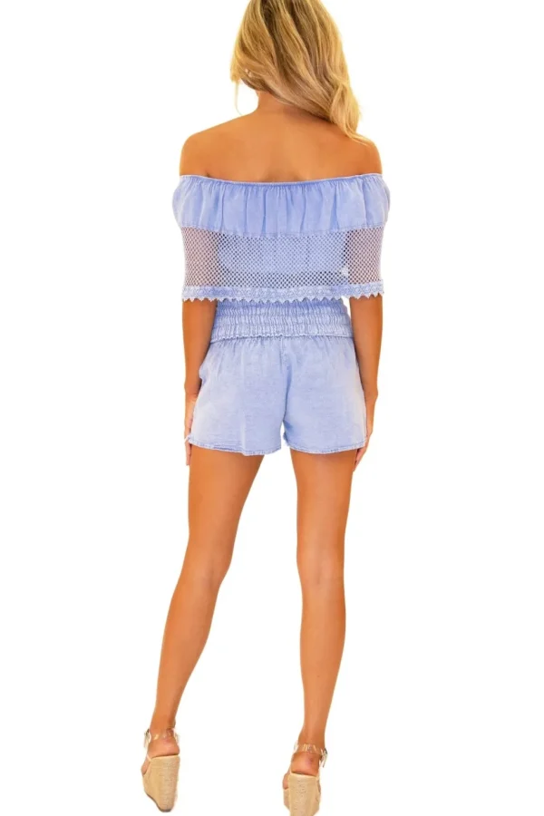 Bay' Off Shoulder Mesh Top Blue