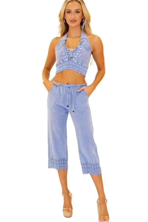 Dawn' Crochet Hem Capris Blue