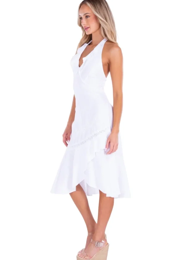 Harmony' Ruffle Trim Midi Dress White