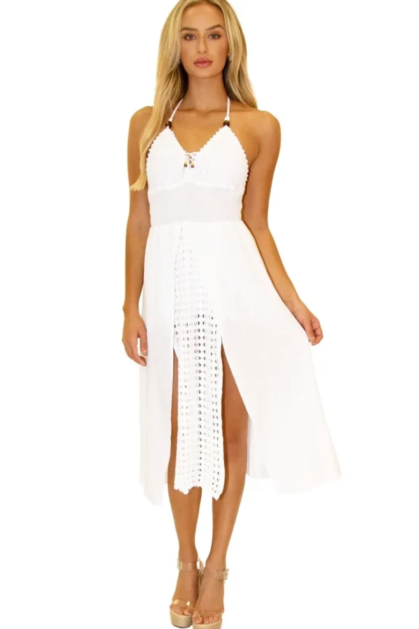 Kari' Crochet Panel Split Dress White