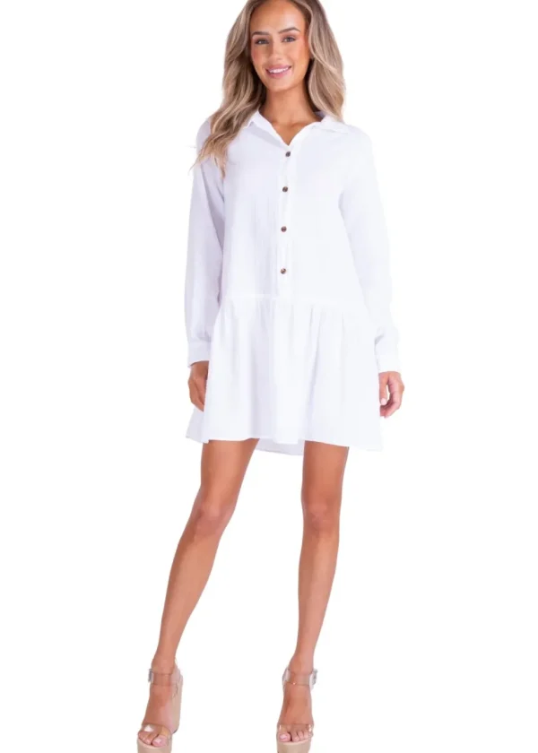 Mimi' Drop Waist Shirt Dress White