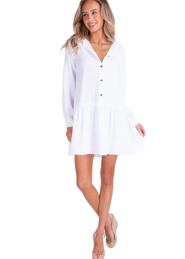 Mimi' Drop Waist Shirt Dress White