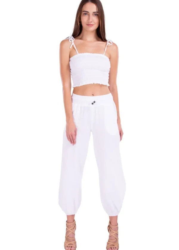 Paula' Side Slit Ruched Hem Pants White