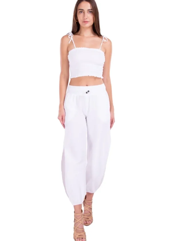 Paula' Side Slit Ruched Hem Pants White