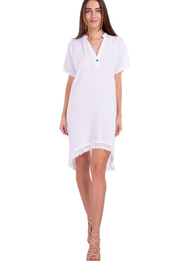 Selma' High Low Tassel Trim Tunic White